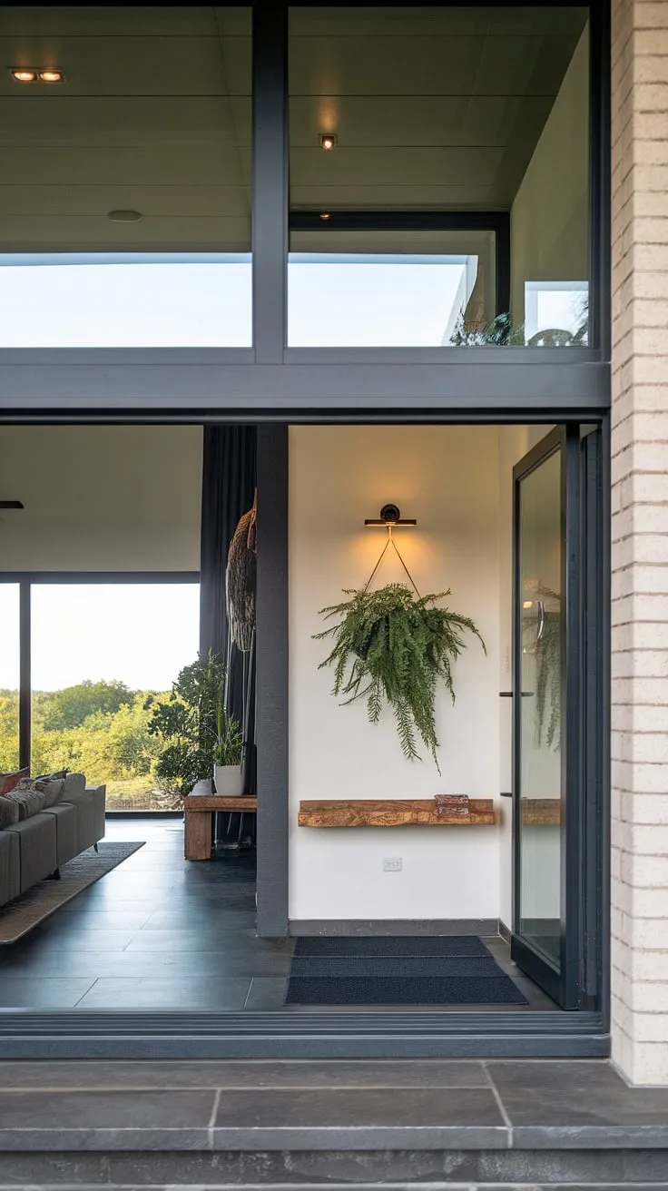 This modern home entrance design boasts a sophisticated living room entrance, seamlessly blending indoor and outdoor spaces. Entryway wall ideas are elegantly executed with understated wall decor and a functional wooden shelf, creating a welcoming atmosphere. The sleek entryway ideas are further enhanced by the dark gray tiled floor and high ceilings, making a statement with this stunning modern house entrance.