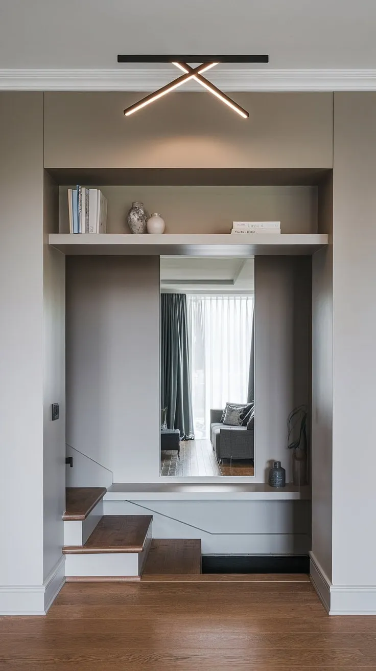 Modern house entrance goals: This minimalist living room entrance showcases stylish entry hallway ideas and sleek entryway ideas, maximizing space and impact.