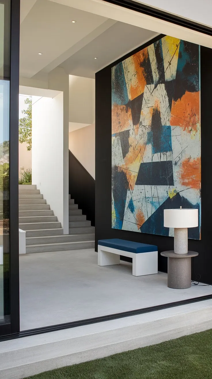 A sleek entryway welcomes you to this modern home entrance, showcasing bold entryway wall ideas with a vibrant abstract piece as under staircase wall decor. The perfect blend of modern house entrance design and entry hallway ideas.