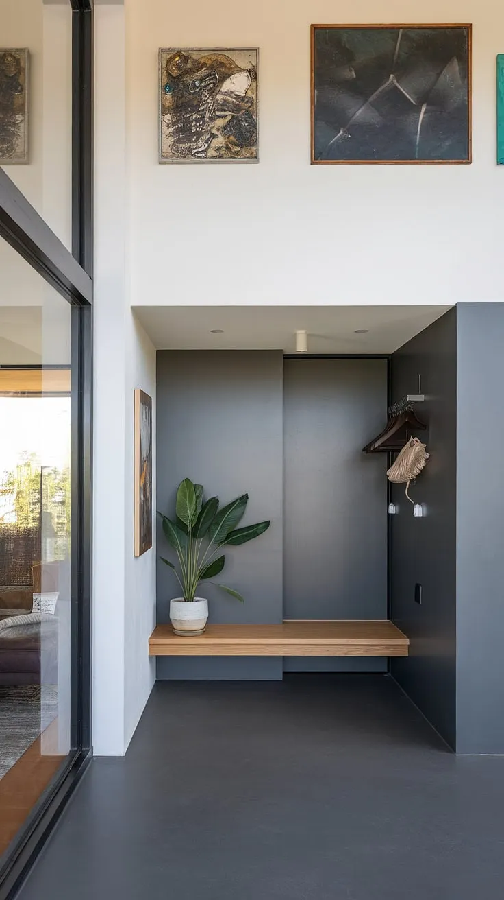 Step into modern living with this sleek entryway design. The perfect blend of functionality and style, showcasing innovative entryway wall ideas and under staircase wall decor within this modern home entrance design.