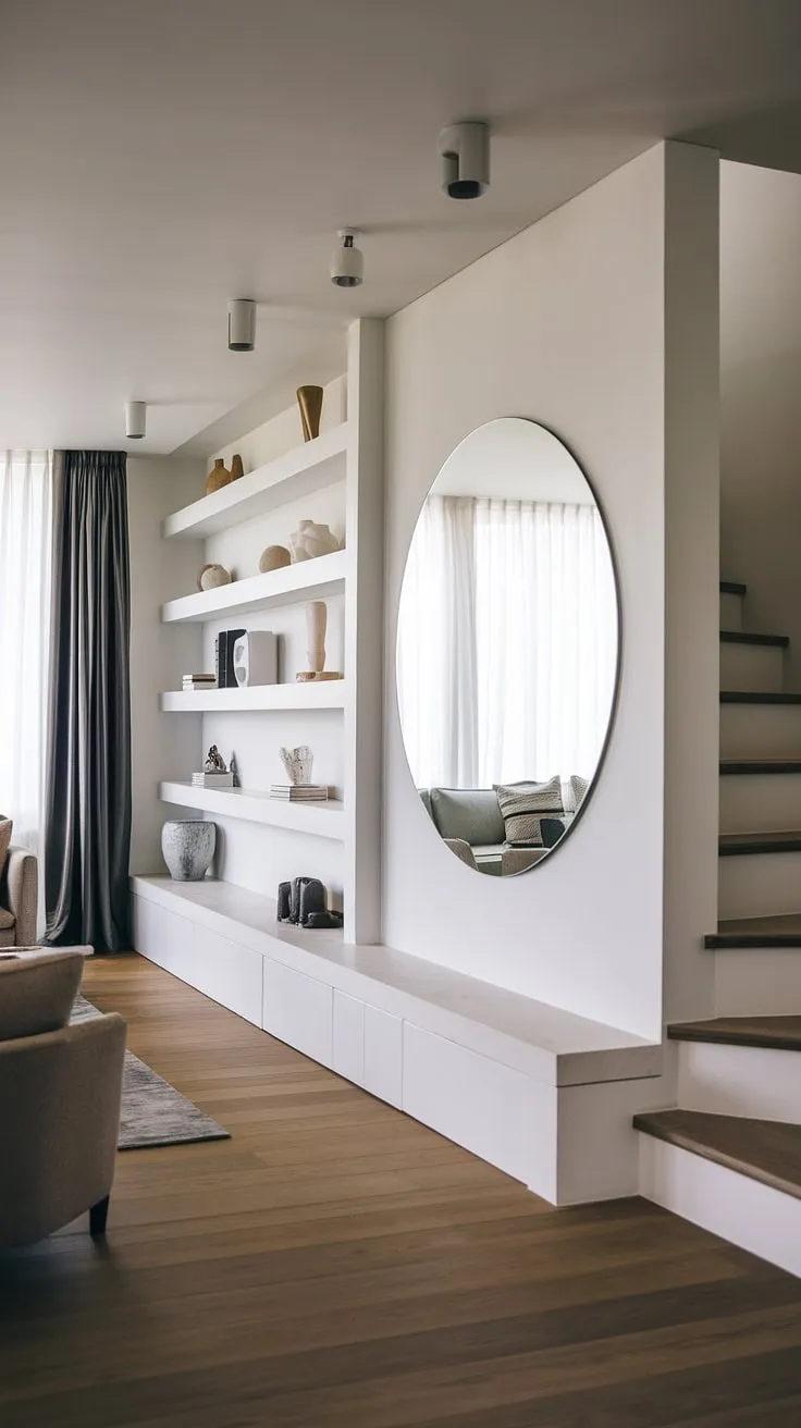 This stunning modern living room entrance boasts a minimalist design with impactful details. The entryway wall ideas are brilliantly executed, featuring built-in shelves and a statement round mirror. Under staircase wall decor provides practical storage, showcasing the thoughtful design. The warm wood flooring and subtle furniture create a welcoming atmosphere, making this a perfect example of modern house entrance design and sleek entryway ideas for any home. The overall effect is a sophisticated and functional entry hallway ideas.