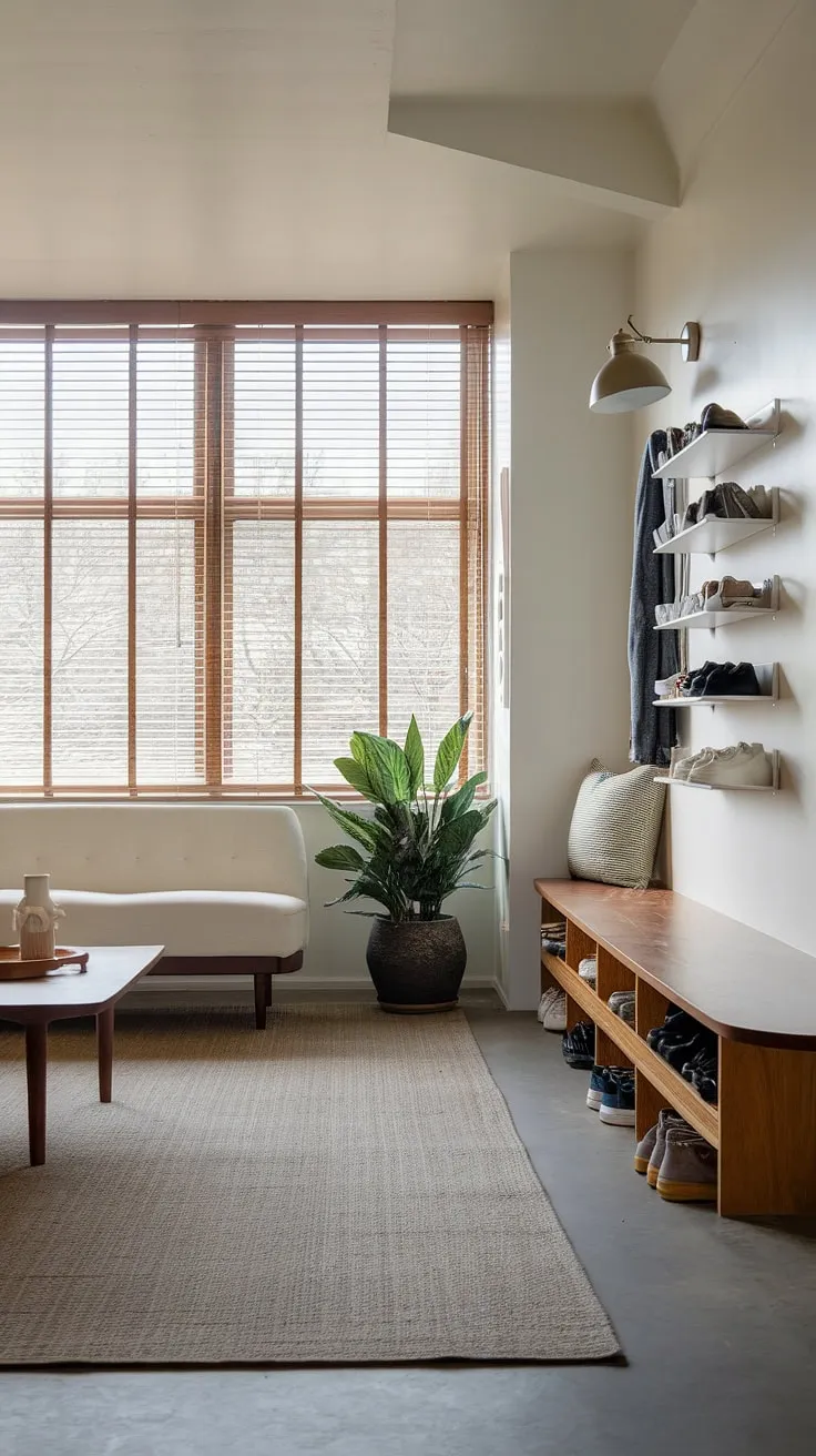Sunlight streams through wooden blinds in this sleek living room, showcasing a modern home entrance design. The entryway wall ideas, featuring built-in shoe storage and a wall-mounted lamp, create a functional and stylish welcome. A large rug anchors the space, while a potted plant adds a touch of nature to the sophisticated ambiance. This modern house entrance seamlessly flows into the living area, offering inspiration for entry hallway ideas and sleek entryway ideas. The under staircase wall decor (though not visible) could further enhance this stunning space.