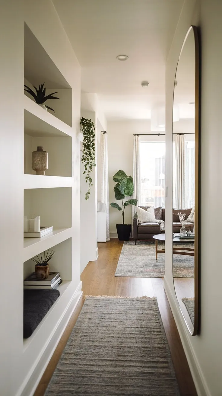Step into serenity: This sleek entryway sets the tone for the entire living room, showcasing clever entryway wall ideas and a modern home entrance design. The under staircase wall decor is a subtle yet impactful touch.