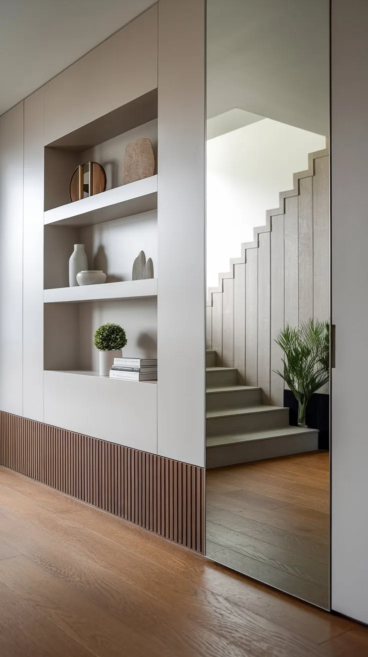 Step into modern living with this sleek entryway, showcasing clever entryway wall ideas and under staircase wall decor. The perfect blend of modern home entrance design and functional storage.