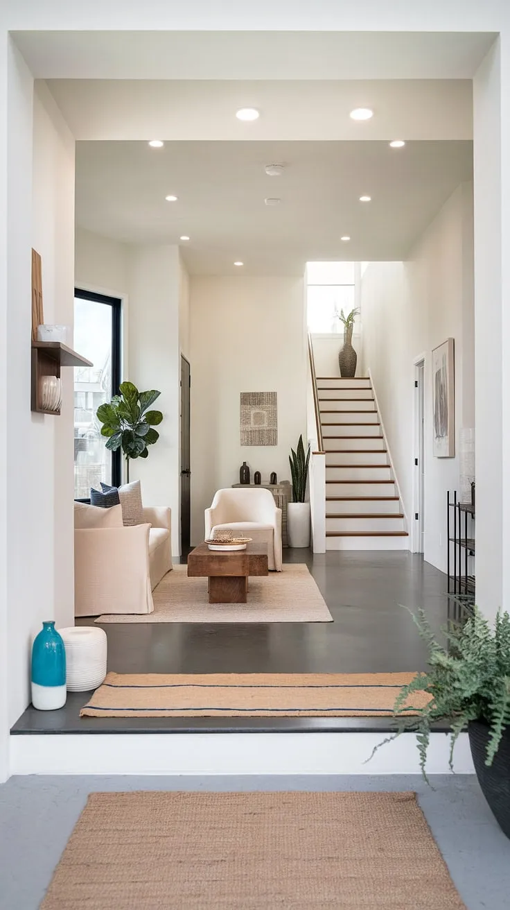 Modern house entrance perfection: This living room entrance boasts sleek entryway ideas and clever entry hallway ideas, showcasing a stunning modern home entrance design. Note the stylish under staircase wall decor.