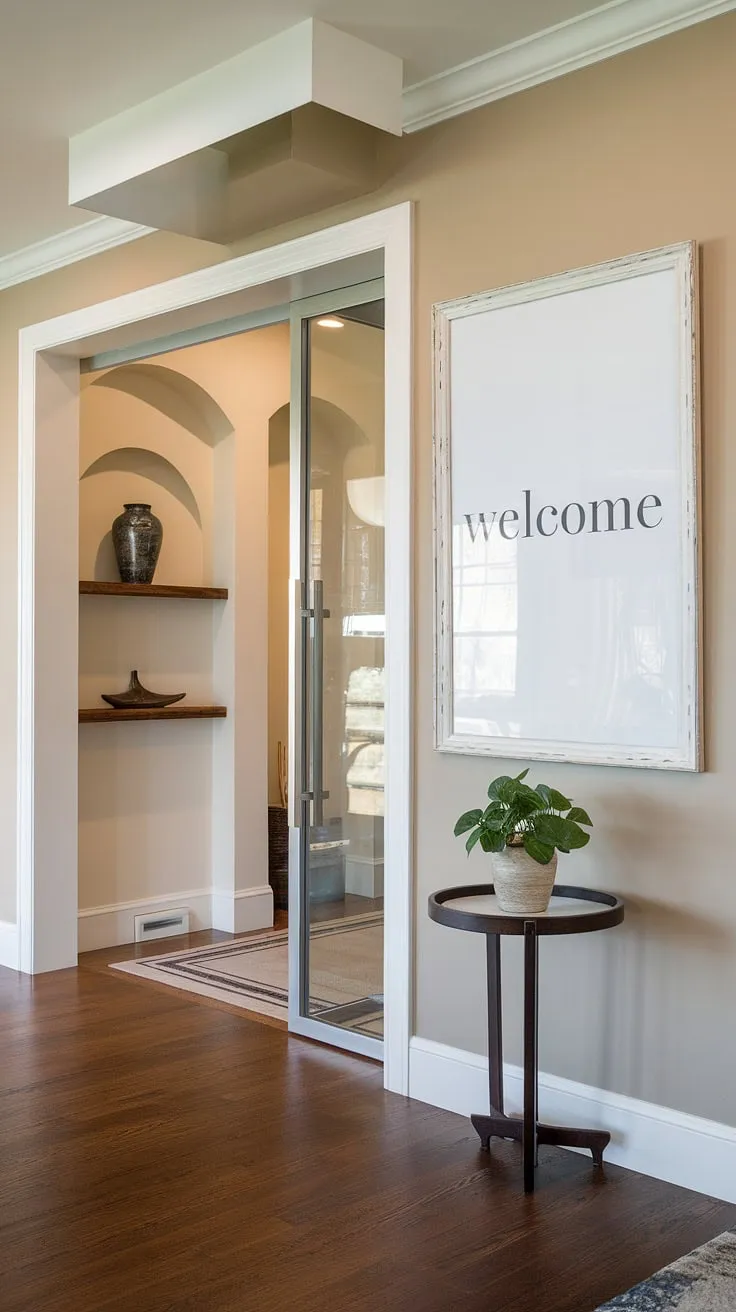 Step into modern living with this sleek living room entrance. The entryway wall ideas, including the "Welcome" statement piece, perfectly complement the modern home entrance design.