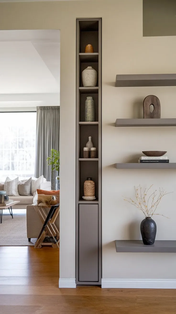 This sleek entryway sets the tone for the entire modern home. The floating shelf on the entryway wall, subtly adorned, complements the tall, narrow cabinet tucked cleverly under the staircase, maximizing space and showcasing unique under staircase wall decor. The warm wooden floors complete this sophisticated modern house entrance, offering a perfect blend of style and functionality. These entry hallway ideas and entryway wall ideas are perfect for those seeking a modern home entrance design.