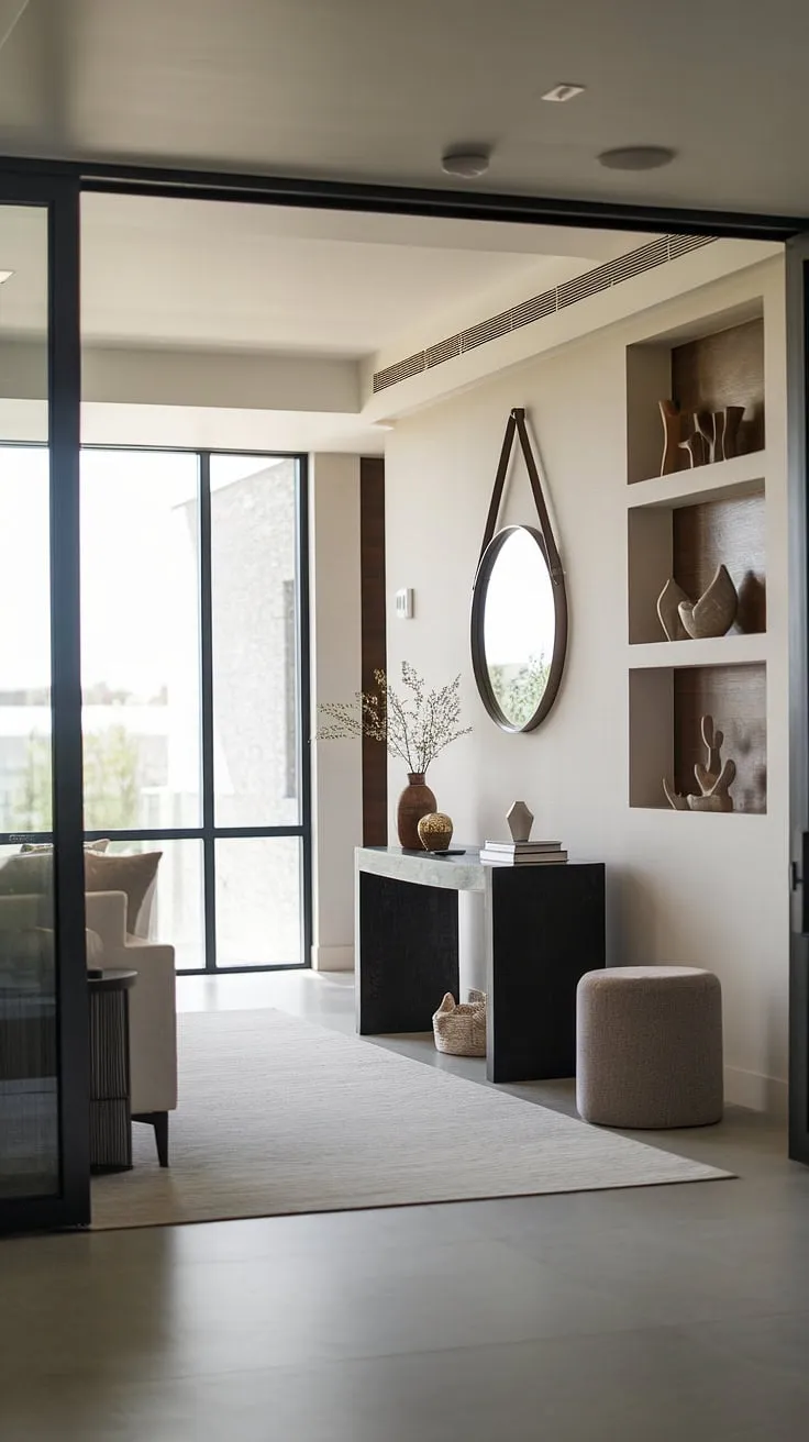 This living room entrance boasts a stunning modern home entrance design. The sleek entryway features clever entryway wall ideas, utilizing the space under the stairs (though not fully visible) and incorporating a dark wood console table and decorative shelves. The round mirror adds a touch of elegance, while the light rug and large window complete this inspiring collection of entry hallway ideas and sleek entryway ideas.