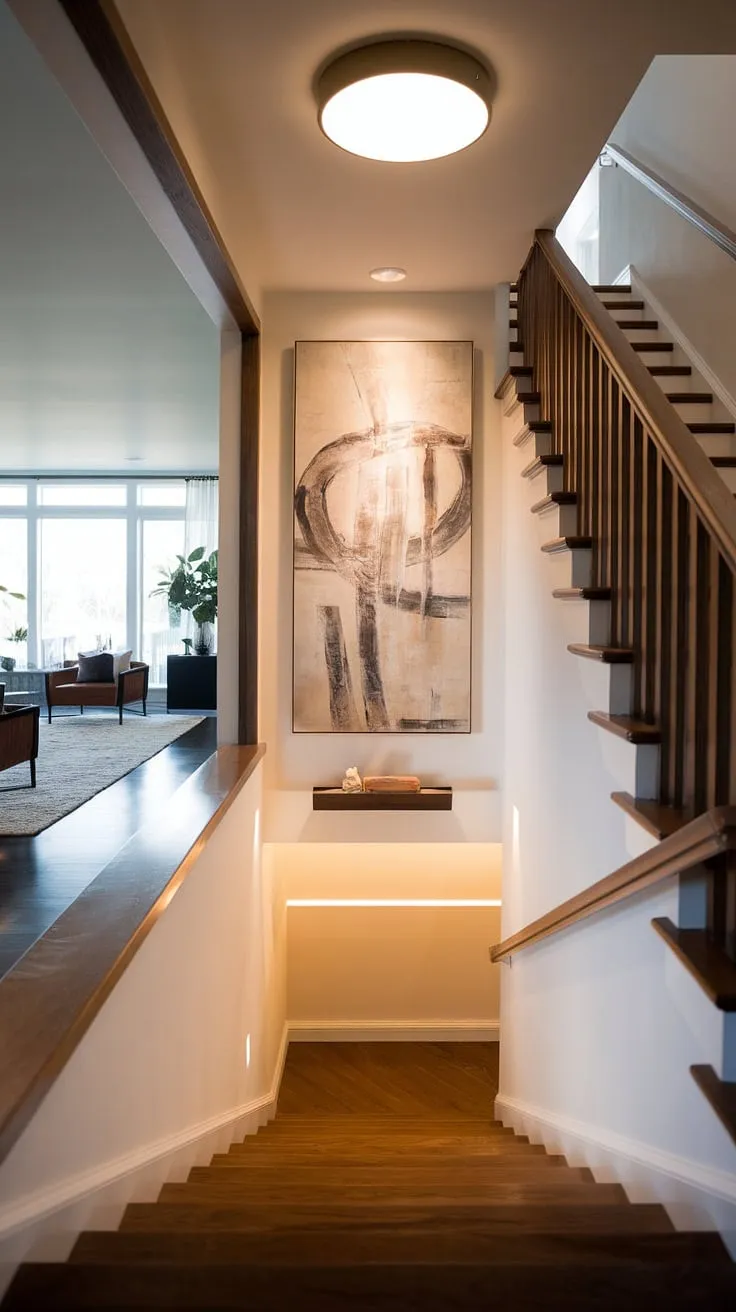 A captivating living room entrance, this modern house entrance boasts sleek entryway ideas and clever entry hallway ideas, highlighted by striking art and thoughtful under staircase wall decor.