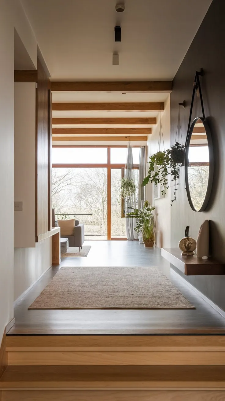 This modern house entrance design perfectly balances form and function. The living room entrance is immediately inviting, with natural light streaming in through the large window framed by exposed wooden beams. The dark grey entryway wall, showcasing creative entryway wall ideas, adds a touch of sophistication. The beige rug, wooden staircase, and thoughtful under staircase wall decor complete this minimalist and serene space, offering plenty of sleek entryway ideas and entry hallway ideas for those seeking a modern home entrance.
