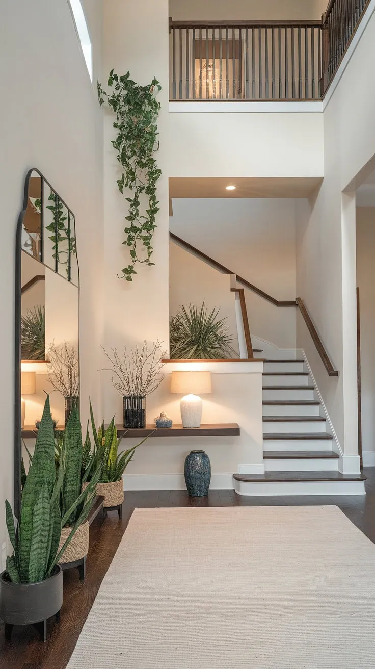 This modern home entrance design boasts a sleek entryway with high ceilings and a dramatic staircase. The entryway wall ideas are simple yet elegant, featuring a large decorative mirror and lush greenery, while the under staircase wall decor includes a stylish lamp and decorative object. The white rug and minimalist aesthetic complete this stunning living room entrance, offering inspiration for entry hallway ideas and sleek entryway ideas.