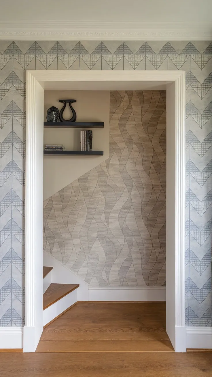 This sleek entryway design sets the tone for the entire modern home entrance. The geometric blue and white wallpaper on the living room entrance wall, accented by a subtly decorated shelf, contrasts beautifully with the wavy beige and grey wallpaper under the staircase, showcasing creative under staircase wall decor. The wood flooring completes this sophisticated modern house entrance, offering a wealth of entry hallway ideas and entryway wall ideas for those seeking inspiration in modern home entrance design.