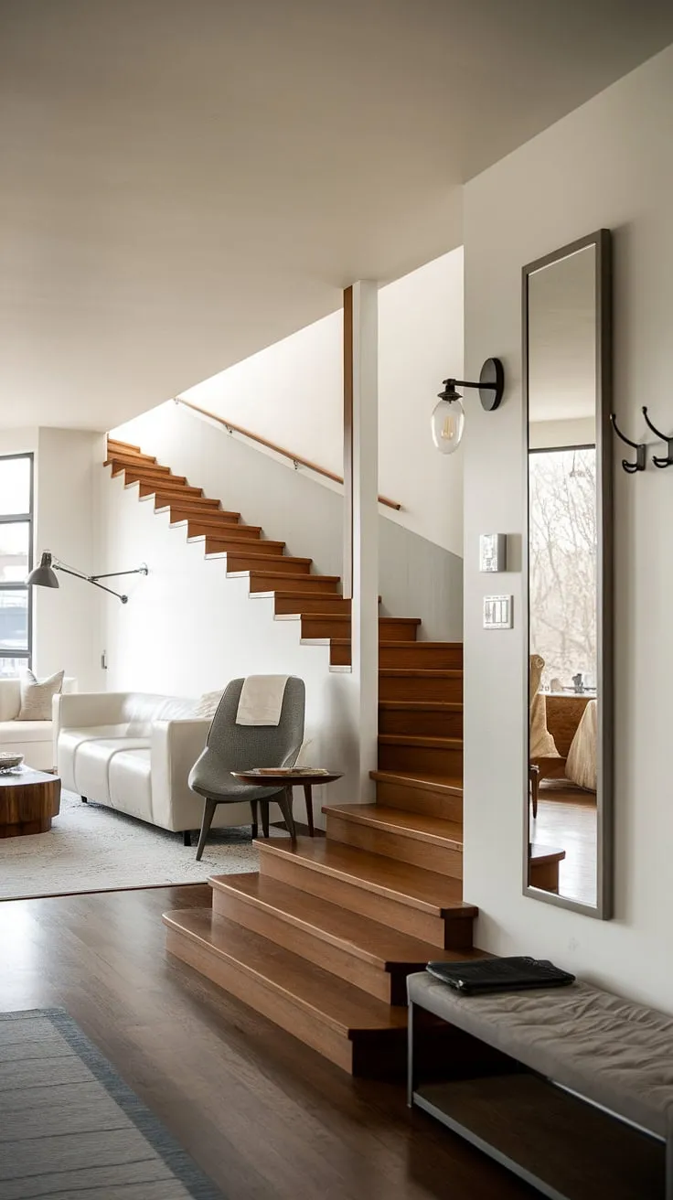 Modern house entrance redefined: This living room entrance boasts stylish entry hallway ideas and sleek entryway ideas, creating a welcoming and sophisticated atmosphere. Note the thoughtful use of under staircase wall decor.
