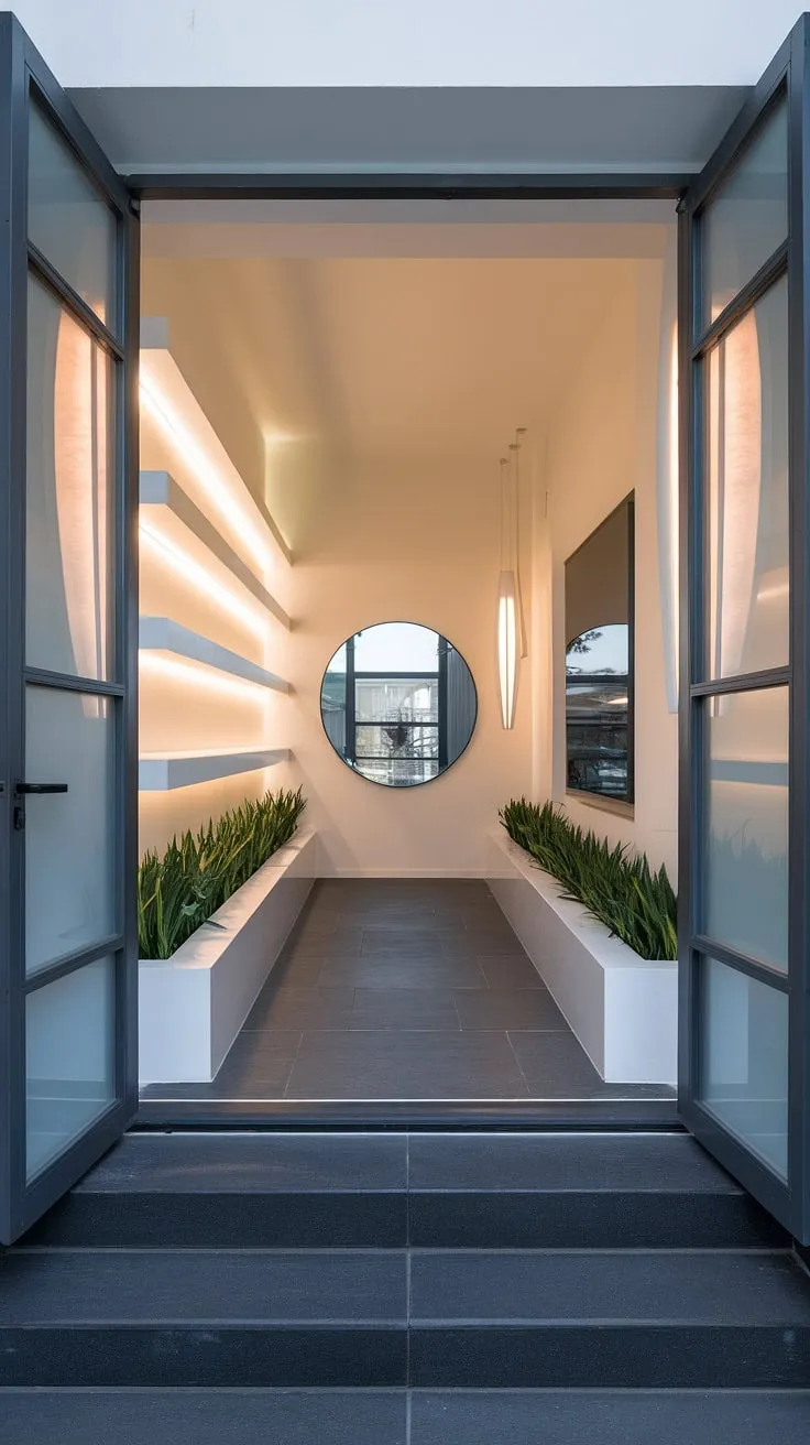 Step into serenity: This sleek entryway, with its modern house entrance and thoughtfully designed under staircase wall decor, sets the tone for the entire home. Clever entryway wall ideas and modern home entrance design combine for a truly inviting living room entrance.