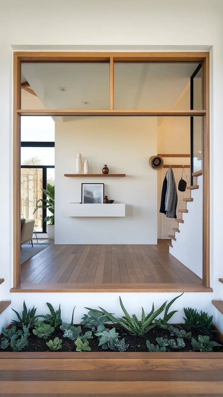 This image showcases sleek entryway ideas in a modern house entrance. The living room entrance is bathed in natural light thanks to a large window with a wooden frame. Clever entryway wall ideas utilize a simple white shelf and a coat rack, while under staircase wall decor brings in greenery. The overall design is a masterclass in minimalist living, offering inspiration for entry hallway ideas and modern home entrance design. The light wood flooring adds warmth to this clean and uncluttered space.