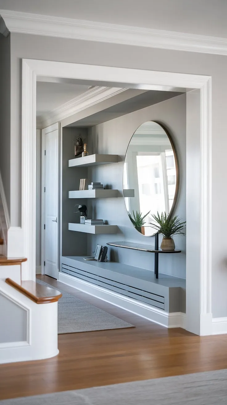 Step into modern living with this sleek entryway wall design. Clever use of space transforms the under staircase wall decor into a stunning living room entrance, showcasing chic entry hallway ideas and modern home entrance design.