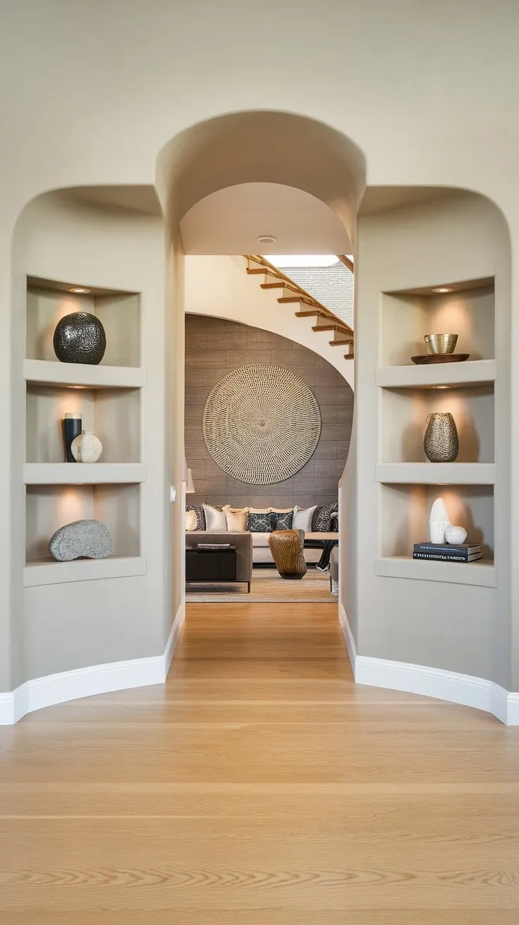 This modern home entrance design showcases a sleek entryway with a captivating curved wall, setting the tone for the entire home. The living room entrance is subtly framed by the architecture, while clever entryway wall ideas, including under staircase wall decor featuring a large circular pattern and decorative shelving, add personality and visual interest to this entry hallway. The light hardwood flooring complements the clean lines of the design.