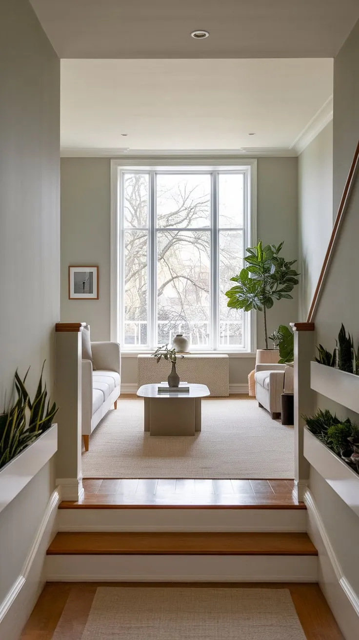 Sunlight streams through the large window of this modern living room, illuminating the sleek entryway and showcasing stunning views of the surrounding trees and cityscape. The soft grey walls, beige rug, and white sofa create a calming atmosphere, while the potted plant and under staircase wall decor, featuring built-in shelves with more greenery, add pops of life. This modern home entrance design, with its thoughtful entry hallway ideas and sleek entryway ideas, offers a welcoming and stylish first impression. The living room entrance seamlessly flows into the rest of the space, making it a truly inviting area.