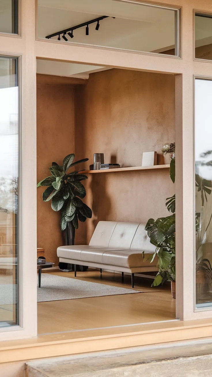 Step into serenity. This living room entrance, with its sleek design and earthy tones, offers a perfect blend of modern home entrance design and welcoming warmth. Entryway wall ideas are effortlessly executed, creating a stylish entry hallway ideas.