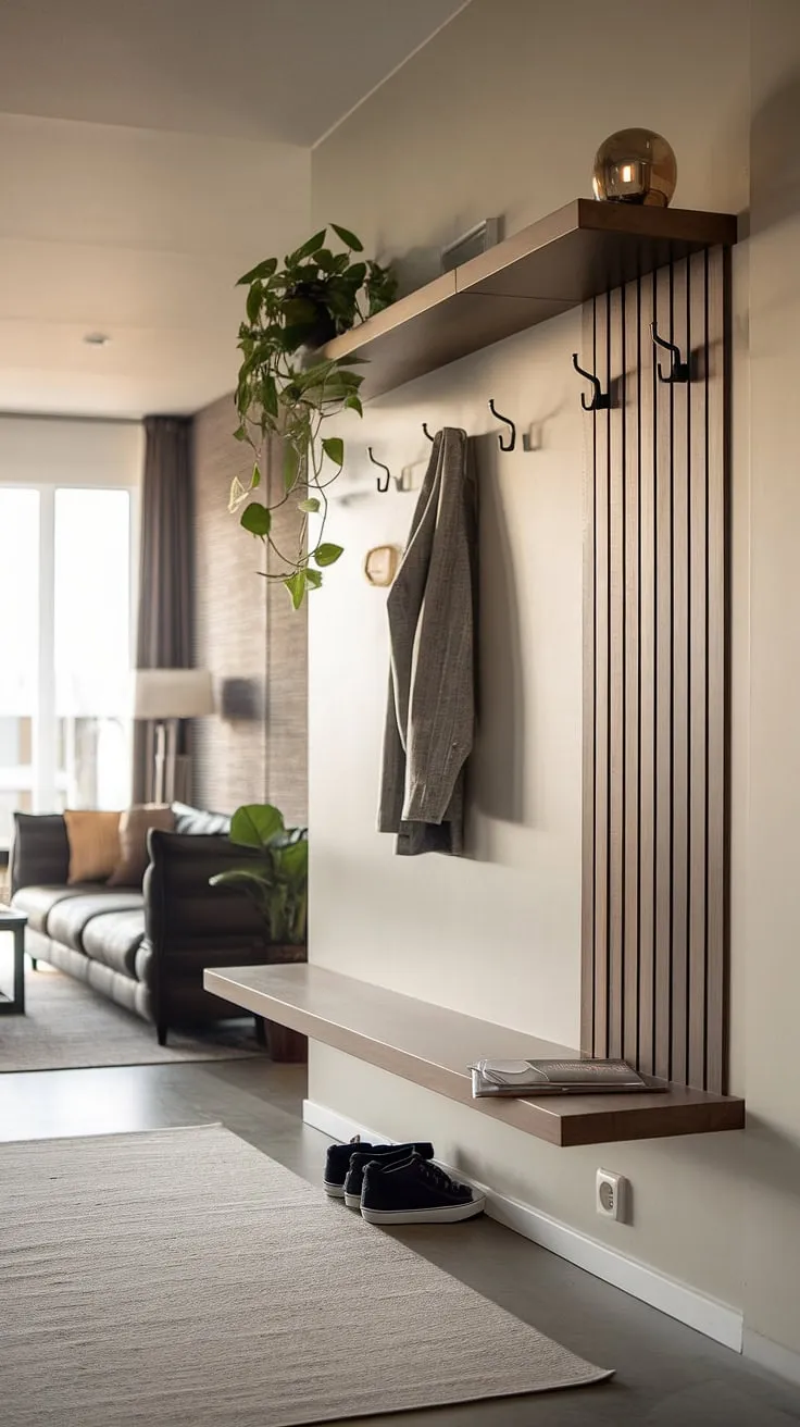 This modern house entrance boasts a stunning living room entrance, featuring practical entry hallway ideas and a beautifully designed entryway wall. The sleek entryway perfectly complements the overall modern home entrance design.