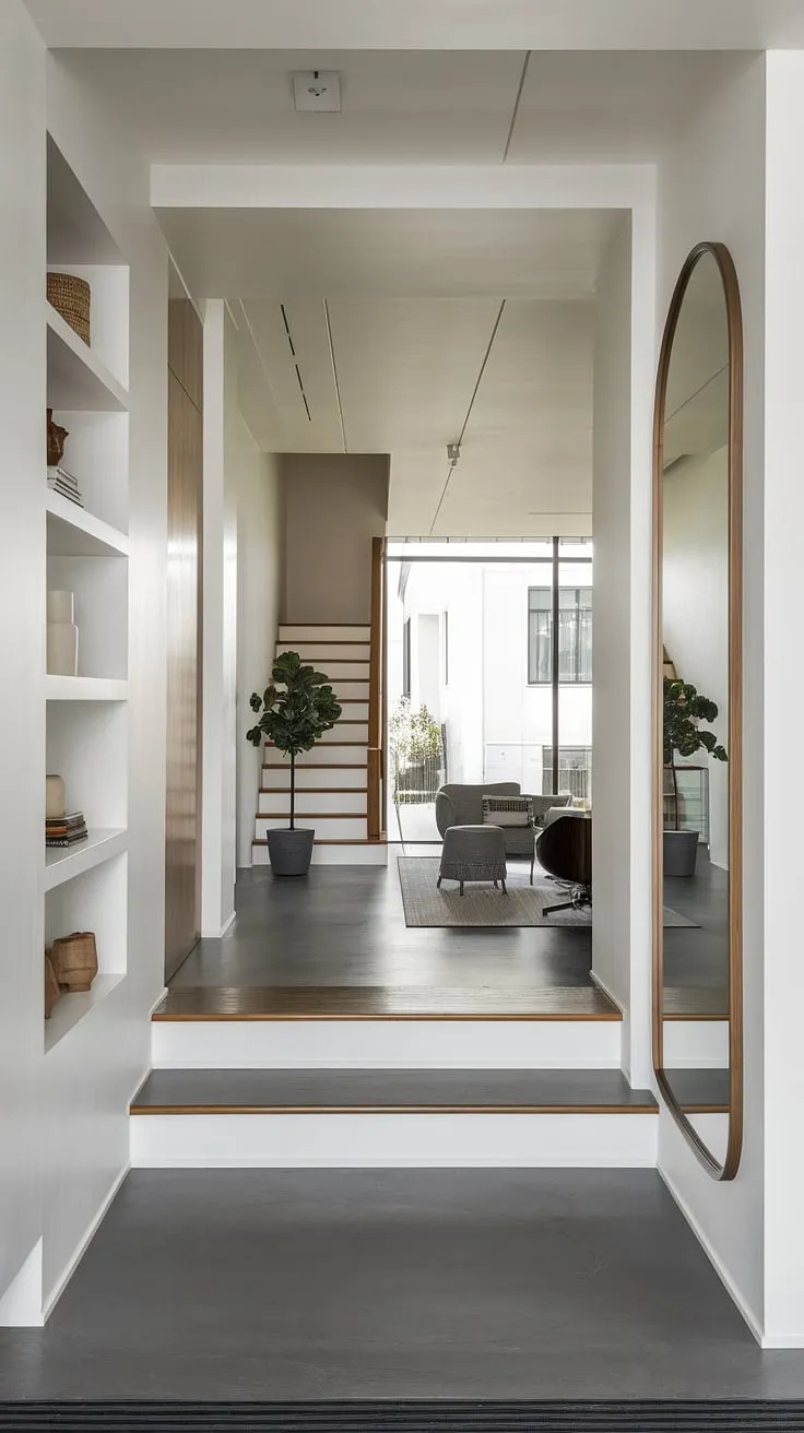 This sleek entryway showcases modern home entrance design at its finest. The living room entrance features clever entryway wall ideas, utilizing built-in shelves and a large mirror to maximize space and style. The under staircase wall decor adds a touch of greenery, while the dark gray flooring complements the minimalist aesthetic. These entry hallway ideas create a welcoming and sophisticated modern house entrance.