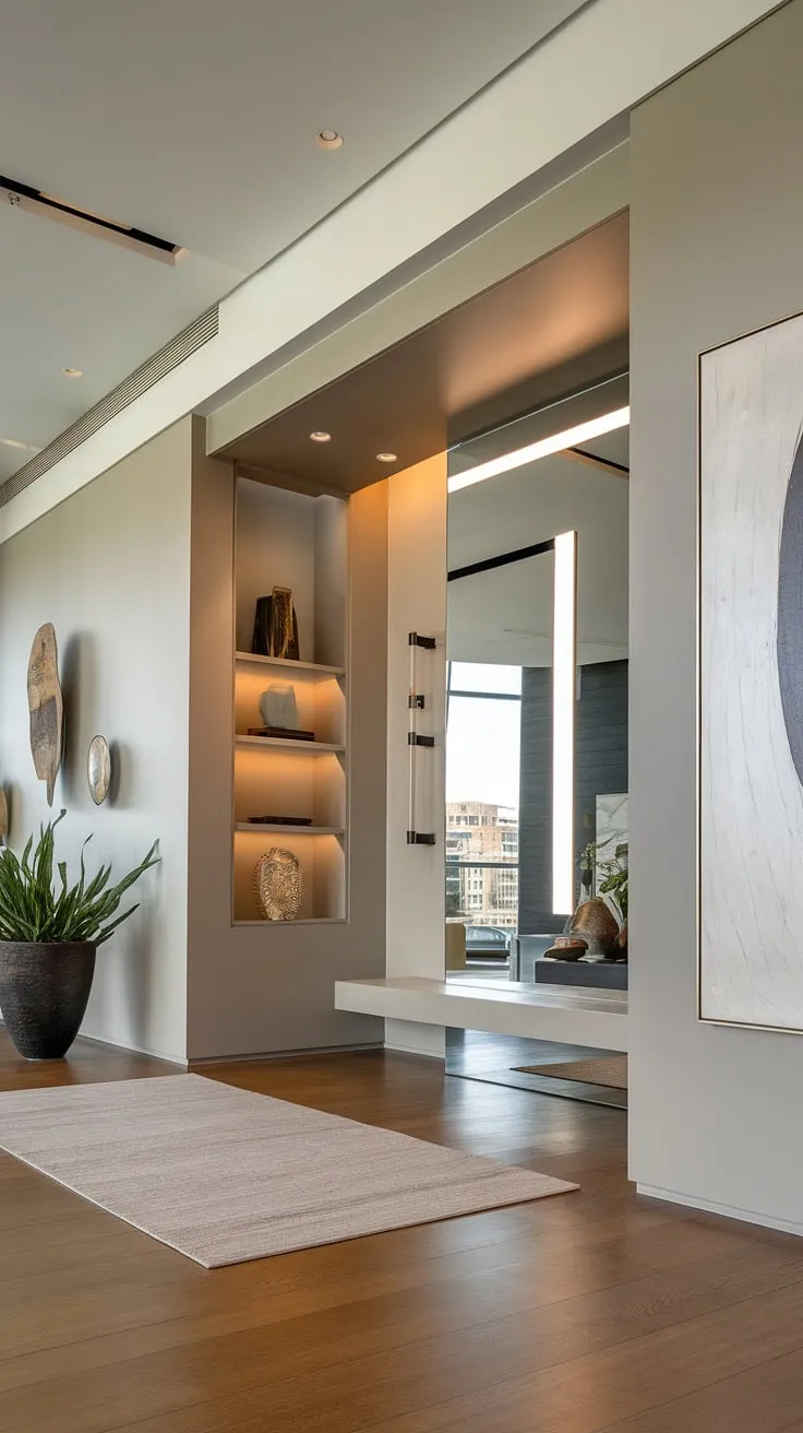 A stunning example of modern house entrance design, this living room entrance boasts a sophisticated and functional sleek entryway. The entryway wall ideas are brilliantly executed, utilizing built-in storage and a large abstract painting to create a visually appealing focal point. The small rug defines the space, while the potted plant and sculpture add a touch of organic warmth. This is the perfect illustration of sleek entryway ideas for a contemporary home.