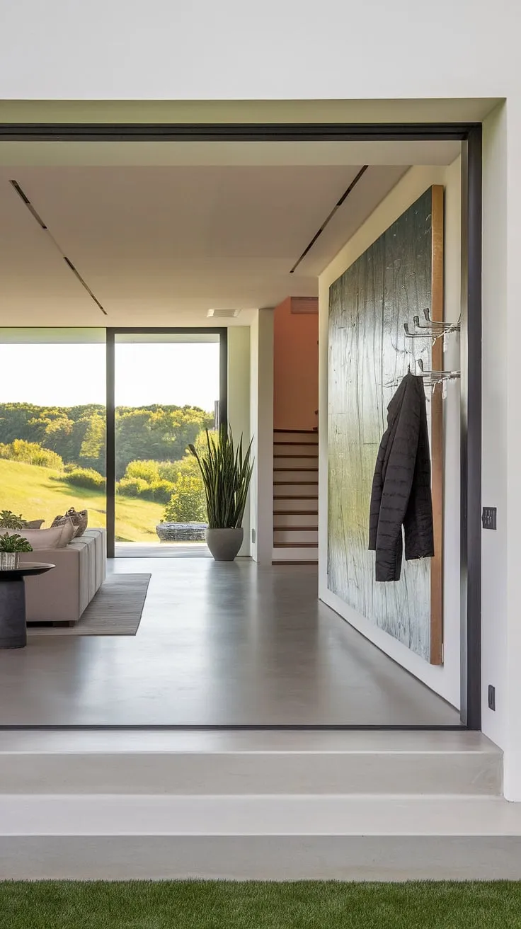 This modern house entrance boasts a minimalist aesthetic, showcasing sleek entryway ideas in a bright and airy space. The living room entrance seamlessly flows into the entryway, highlighting a stunning view. Note the thoughtful under staircase wall decor, a vibrant abstract painting that adds personality. Simple yet effective entryway wall ideas, including a coat rack and plant, complete the design. This is the perfect example of how to create a welcoming and stylish entry hallway ideas in a modern home.