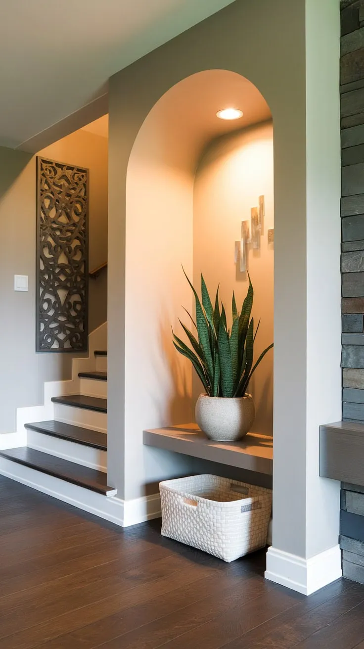 This modern home entrance design showcases stunning entry hallway ideas. The living room entrance features a sleek entryway, complete with practical storage and stylish under staircase wall decor, making it the perfect example of modern home entrance design.