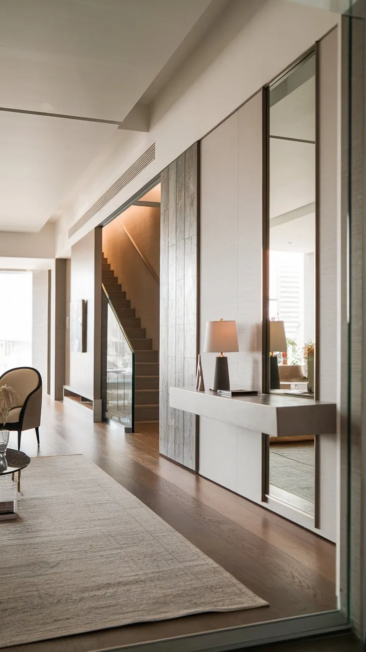 Step into serenity: This modern home entrance, with its sleek entryway and thoughtful entryway wall ideas, sets the tone for the entire home. The under staircase wall decor adds a touch of elegance to this stunning modern house entrance.