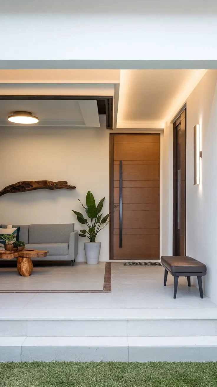 This modern home entrance boasts sleek entryway ideas, showcasing a seamless transition from the entryway wall ideas to the inviting living room. The minimalist design features a wooden door, a small bench, and potted plants, creating a welcoming atmosphere. The gray sofa and wooden coffee table in the living room complement the white tiled floor, while the decorative shelf adds a touch of personality. This modern house entrance is a perfect example of how to maximize space and style with clever entry hallway ideas.