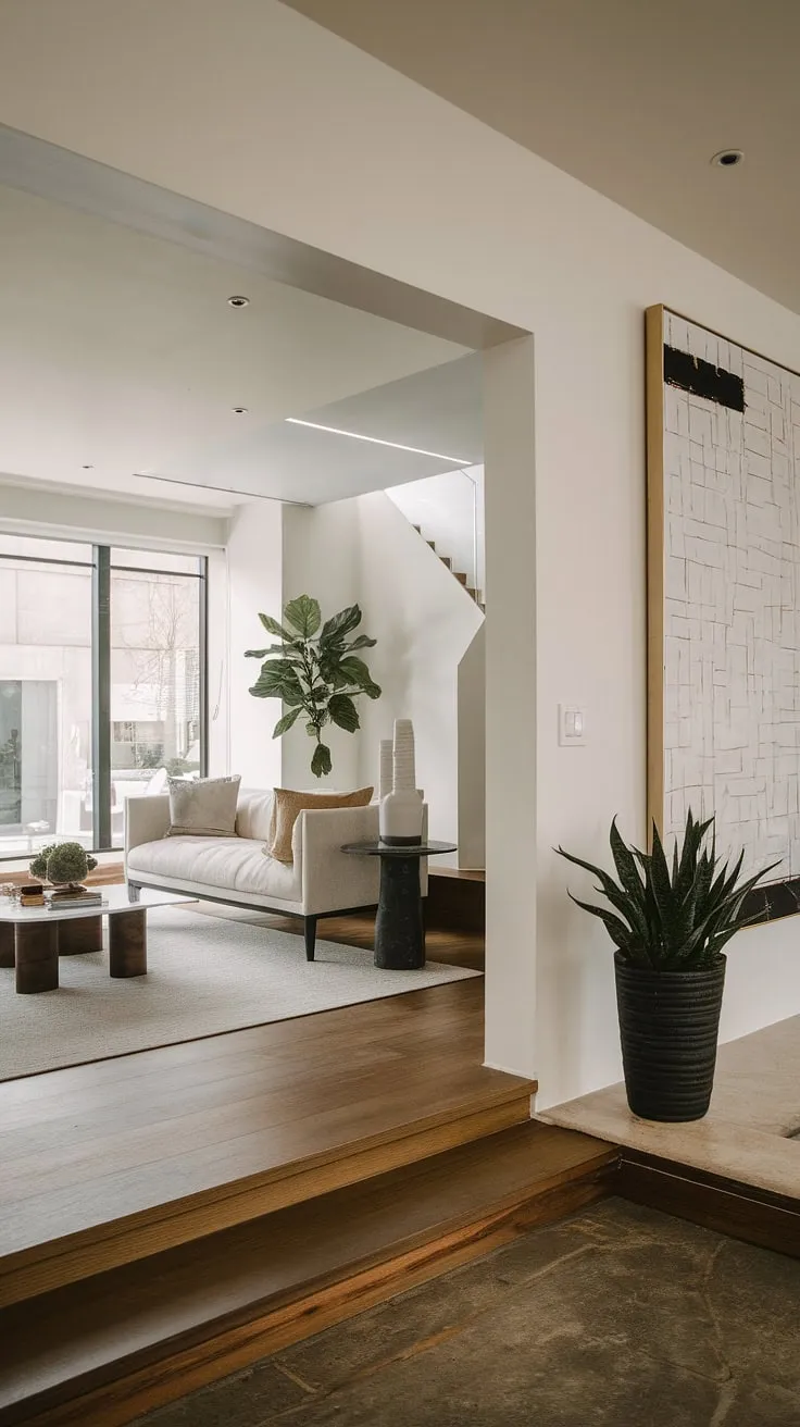 This modern house entrance boasts a sophisticated and functional design. The living room entrance is highlighted by a stunning piece of abstract art, providing inspiration for entryway wall ideas. The sleek entryway ideas are evident in the clean lines and minimalist aesthetic. The space cleverly utilizes the under staircase wall decor, adding visual interest without cluttering the entry hallway ideas. The warm wood floors and comfortable seating create a welcoming atmosphere in this beautifully designed modern home entrance.