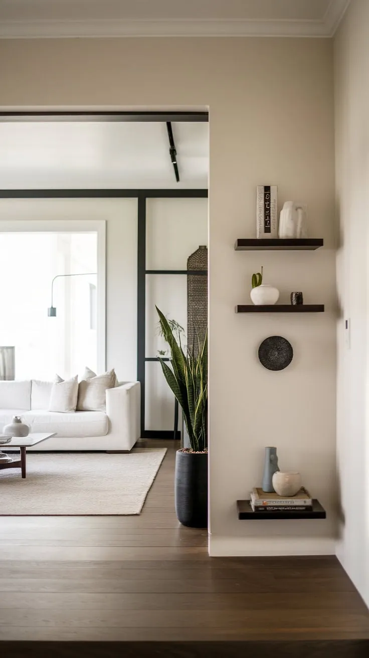 Step into serenity: This sleek entryway seamlessly flows into a minimalist living room, showcasing modern home entrance design and clever under staircase wall decor. Entry hallway ideas meet sophisticated living room entrance style.