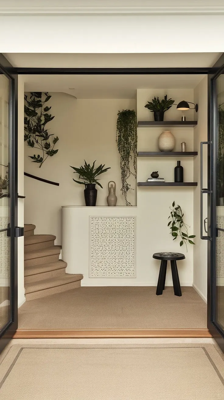Step into serenity: This sleek entryway sets the tone for the entire home, showcasing modern home entrance design and clever under staircase wall decor. The living room entrance, with its minimalist aesthetic and entry hallway ideas, is a masterclass in entryway wall ideas.