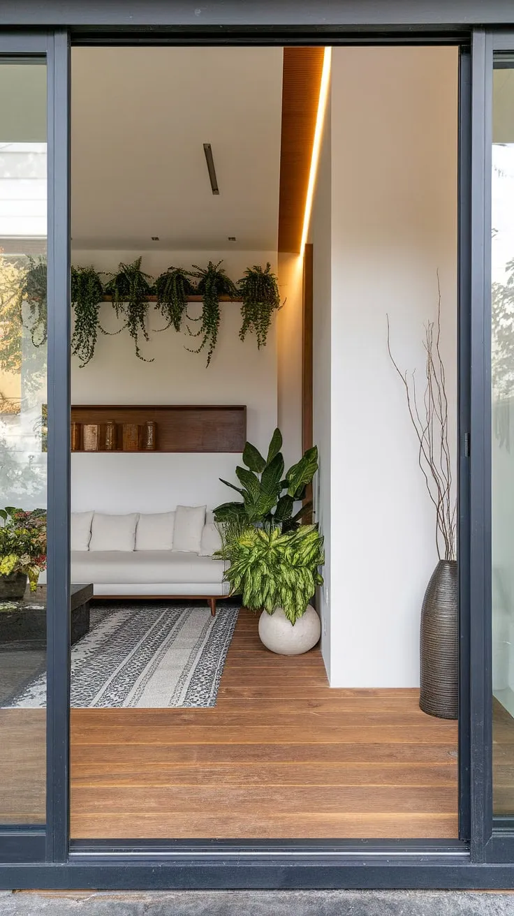 Step into serenity: This modern home entrance, with its sleek design and thoughtful entryway wall ideas, sets the tone for the entire living room. The under staircase wall decor is a clever use of space, enhancing the modern house entrance.