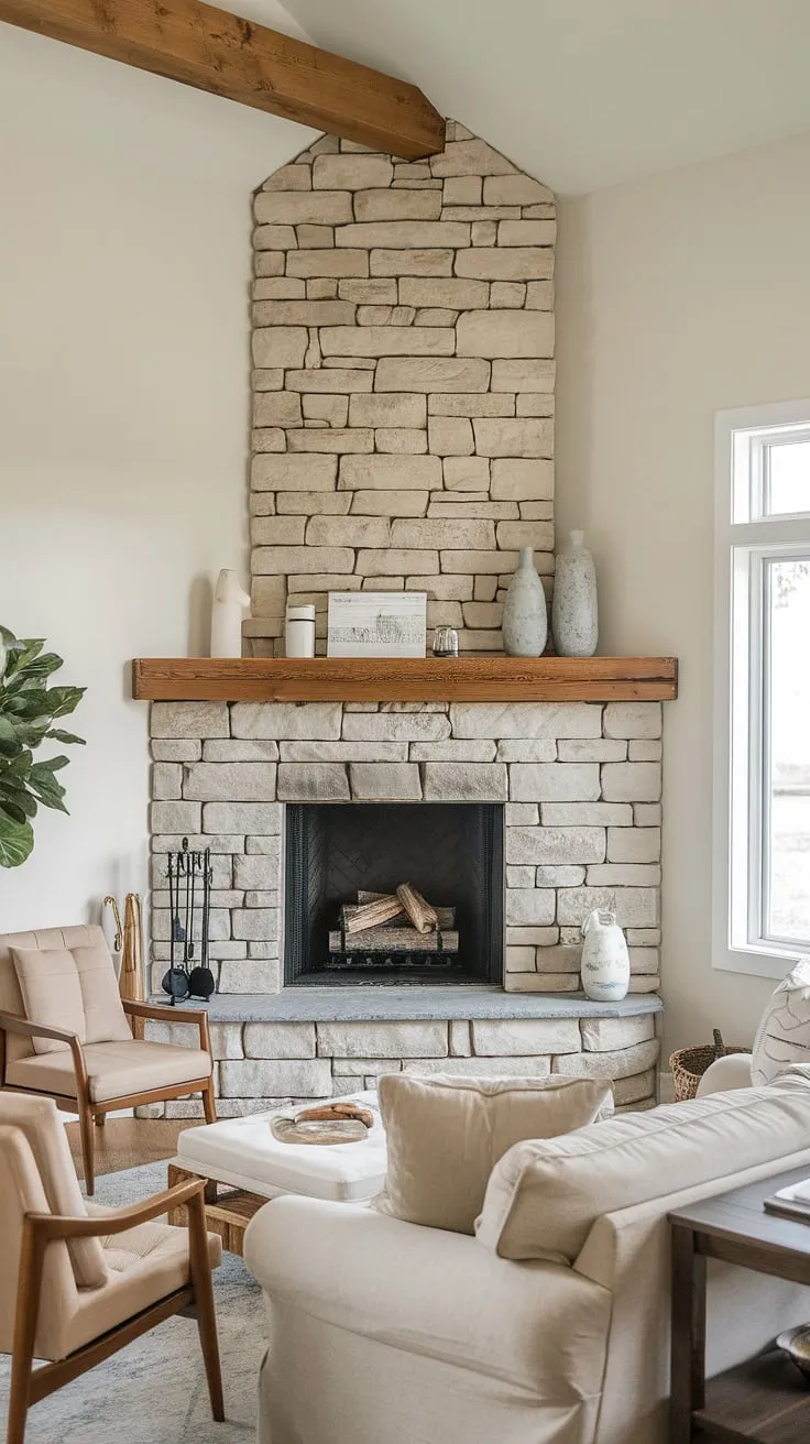 The warmth of a farmhouse fireplace remodel shines in this modern farmhouse living room.  The corner fireplace, a stunning focal point, perfectly complements the clean lines and cozy atmosphere.