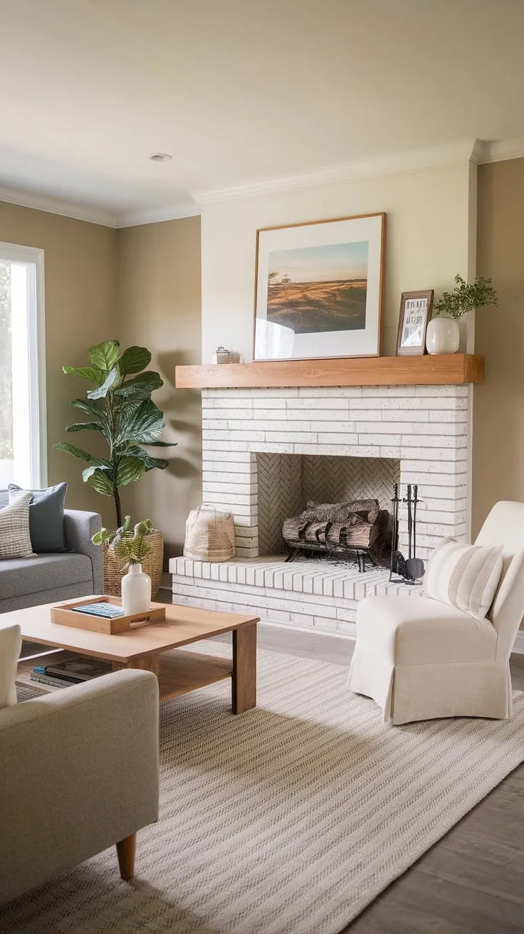 This living room fireplace is the epitome of modern farmhouse style.  The corner fireplace remodel boasts a clean white surround and rustic wood mantel, creating a focal point that perfectly complements the neutral color palette and comfortable furnishings.