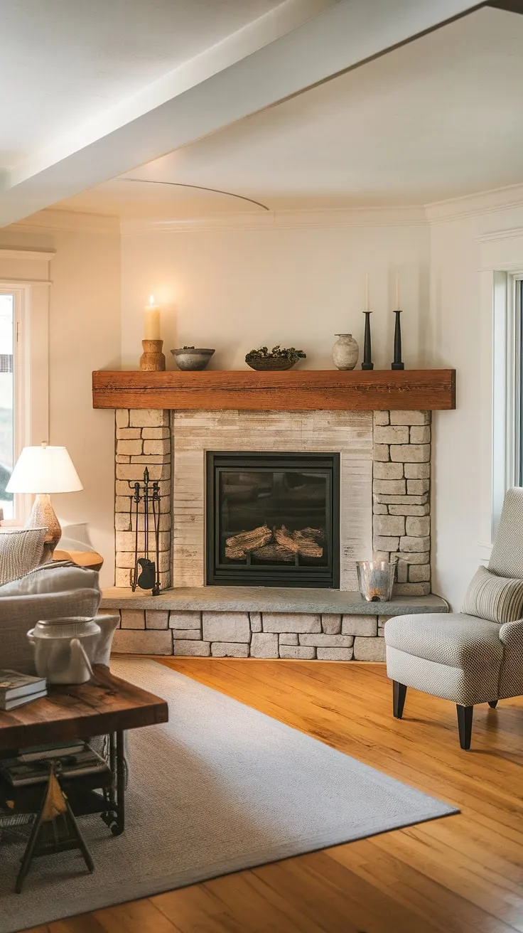 Cozy nights and crackling fires are made for this stunning corner fireplace.  Our modern farmhouse living room fireplace remodel is complete, and the farmhouse fireplace is the perfect focal point.