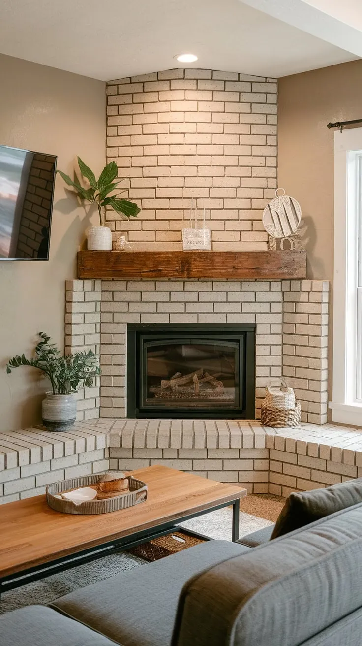 Cozy nights and crackling fires are the best part of this modern farmhouse living room. The corner fireplace, a recent fireplace remodel, is the heart of the home, perfectly blending rustic charm with contemporary style.