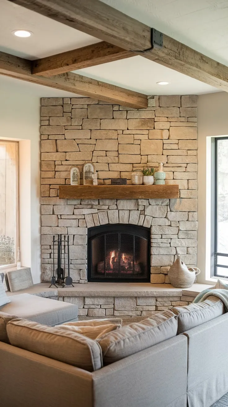 This living room fireplace is the focal point of this beautifully designed modern farmhouse living room. The corner fireplace, a result of a recent fireplace remodel, adds warmth and character to the space, perfectly complementing the exposed wooden beams.