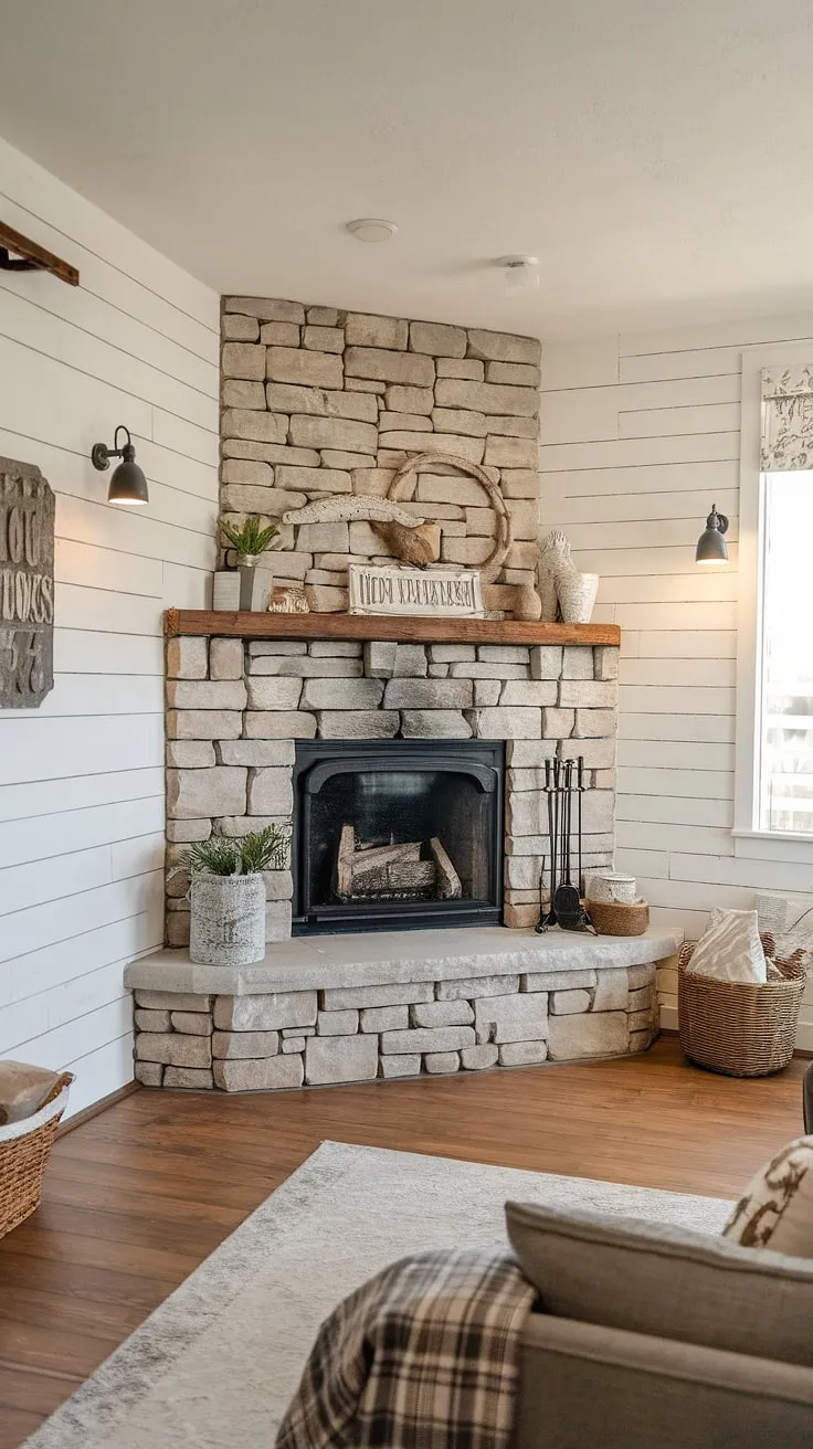 Cozy nights and crackling fires await in this modern farmhouse living room. The stunning corner fireplace, a recent fireplace remodel, is the heart of this space, perfectly complementing the farmhouse fireplace aesthetic.