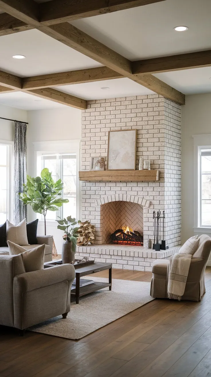 Cozy nights and crackling fires are guaranteed in this modern farmhouse living room, thanks to the stunning corner fireplace.  A recent fireplace remodel transformed this space, creating the perfect blend of rustic charm and contemporary comfort.