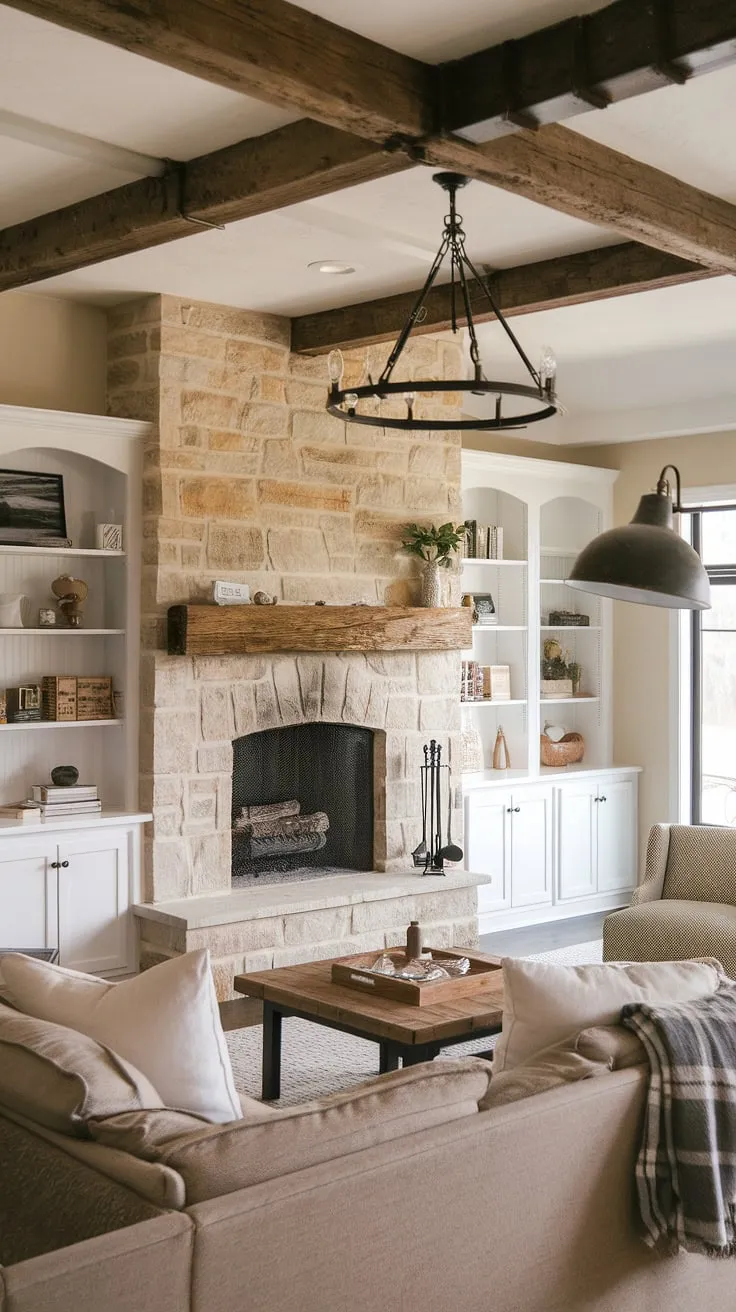 This farmhouse fireplace is the heart of this modern farmhouse living room.  A recent fireplace remodel transformed this corner fireplace into a showstopper, perfectly complementing the exposed beams and vintage lighting. The perfect space for relaxation and gathering.