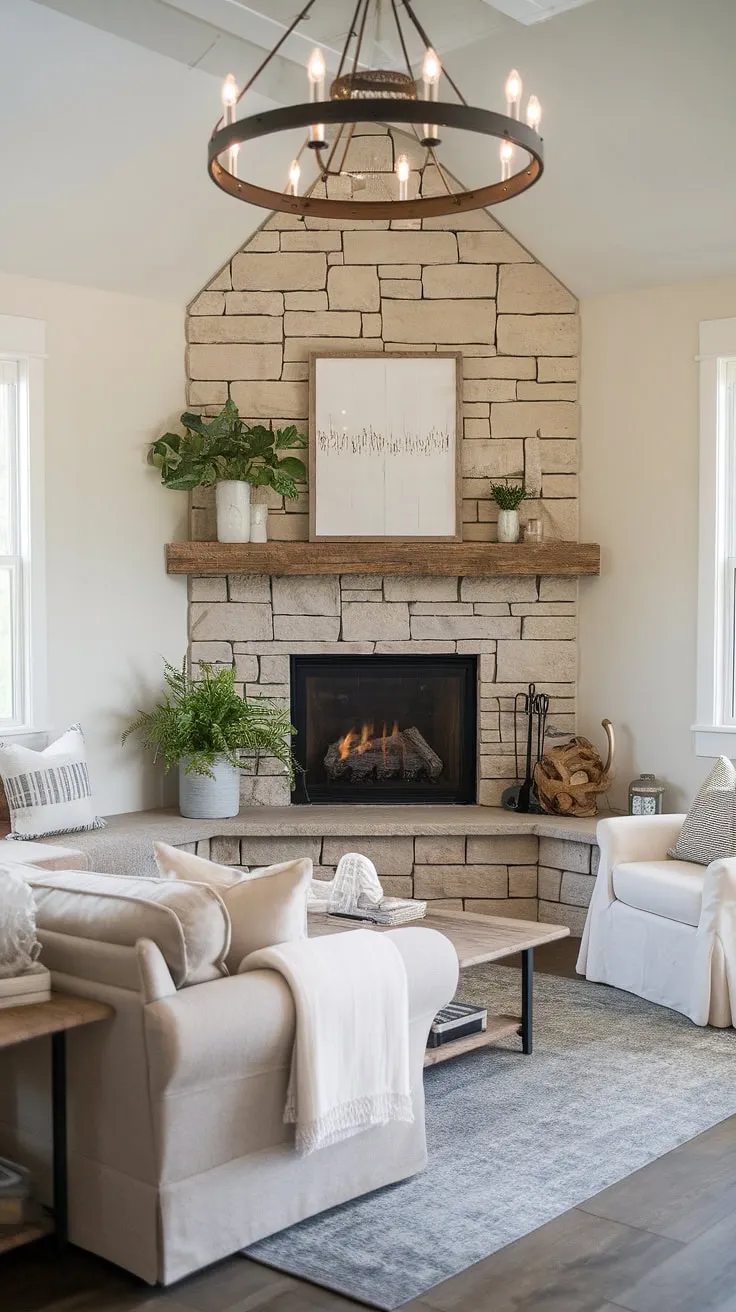 This farmhouse fireplace is the focal point of this beautifully designed modern farmhouse living room.  The corner fireplace's stonework and wooden mantel create a welcoming ambiance, making it the perfect spot for relaxation after a long day.  A true testament to a successful fireplace remodel.