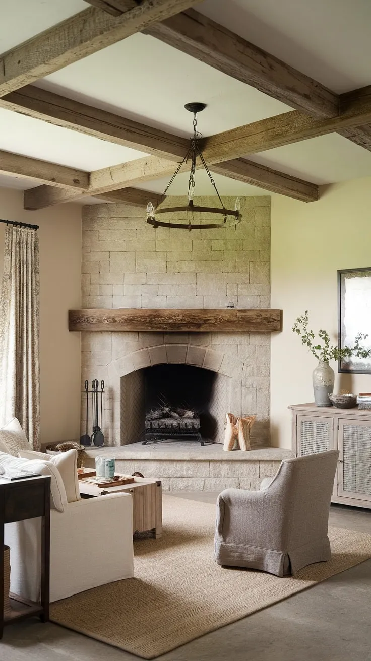 This farmhouse fireplace is the focal point of this stunning living room.  The corner fireplace's stonework and wood mantel create a cozy atmosphere, showcasing a beautiful blend of rustic and modern design in this fireplace remodel.  The perfect setting for relaxing evenings.