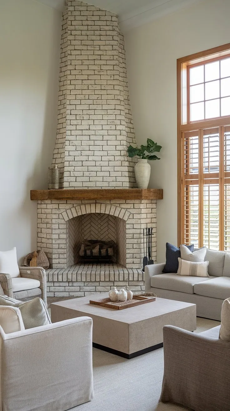 Cozy nights and warm gatherings are guaranteed in this modern farmhouse living room, anchored by a stunning corner fireplace. The rustic brick farmhouse fireplace, a recent fireplace remodel, perfectly complements the clean white walls and creates the heart of this inviting space.