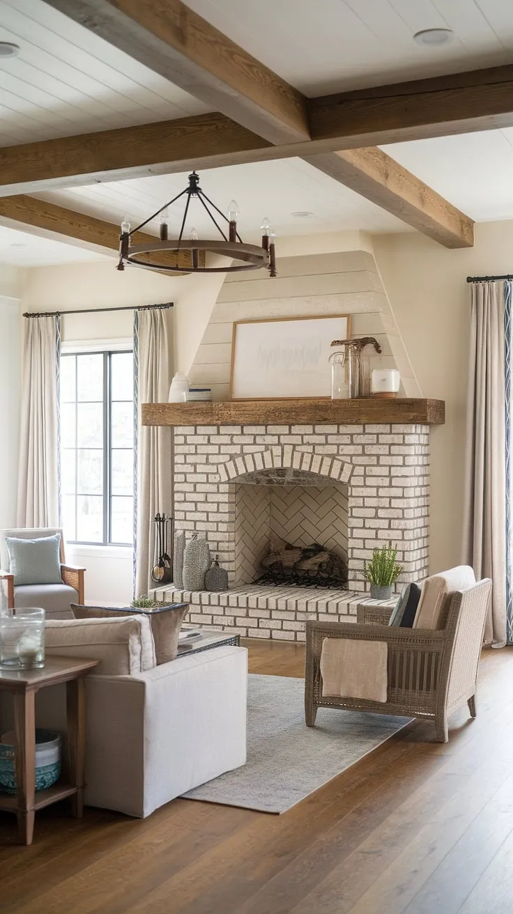 This modern farmhouse living room boasts a stunning corner fireplace, a testament to the beauty of a farmhouse fireplace remodel.  The rustic charm, complemented by wooden beams and a cozy sofa, makes it the heart of the home.