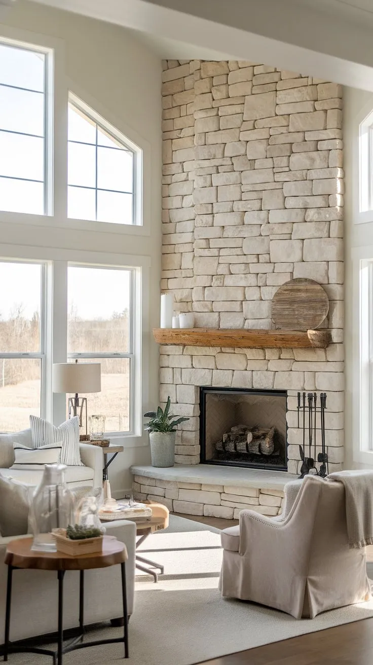 This farmhouse fireplace is the focal point of this beautifully designed modern farmhouse living room.  The corner fireplace's stonework and wooden mantel add rustic charm, while the large windows and comfortable seating create a space perfect for relaxation and entertaining. A successful fireplace remodel, indeed.