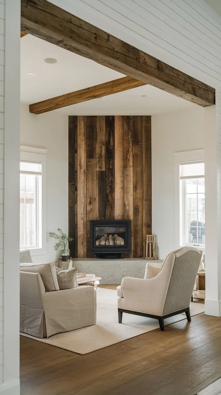 The perfect blend of rustic charm and modern convenience: this farmhouse fireplace remodel transforms a corner of the living room into a cozy haven.  The modern fireplace design complements the existing farmhouse aesthetic, creating a stunning modern farmhouse living room.