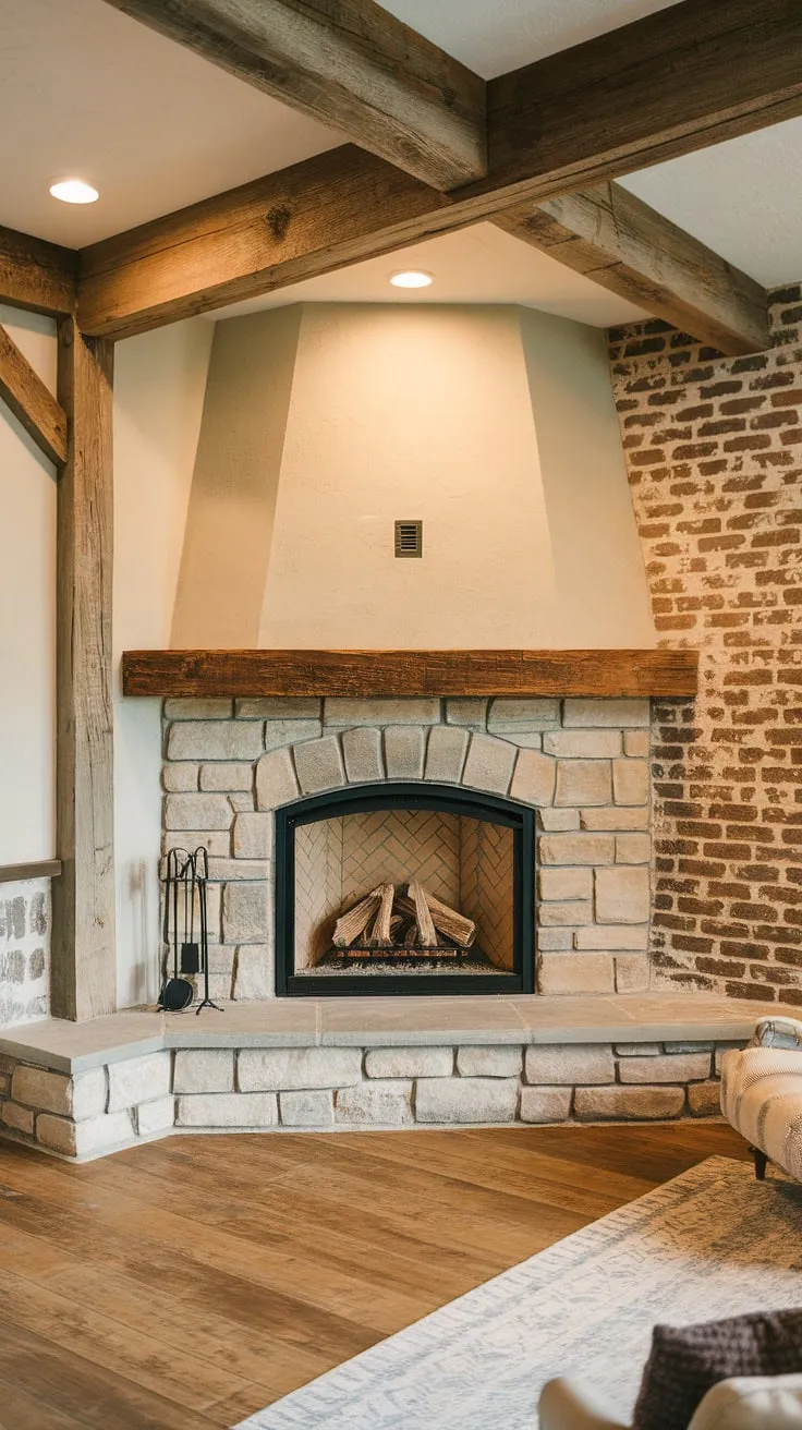 This farmhouse fireplace is the heart of this modern farmhouse living room.  The corner fireplace's stone surround and wood mantel create a cozy focal point, perfectly complemented by the warm lighting and rustic details.  A testament to a successful fireplace remodel.
