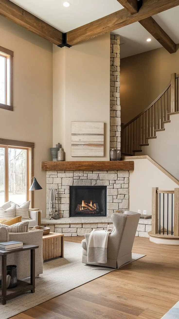 This farmhouse fireplace is the heart of this modern farmhouse living room.  The corner fireplace's stonework and wooden mantel add warmth and character, making it the perfect focal point for gatherings and quiet evenings.  A dream living room fireplace, indeed.